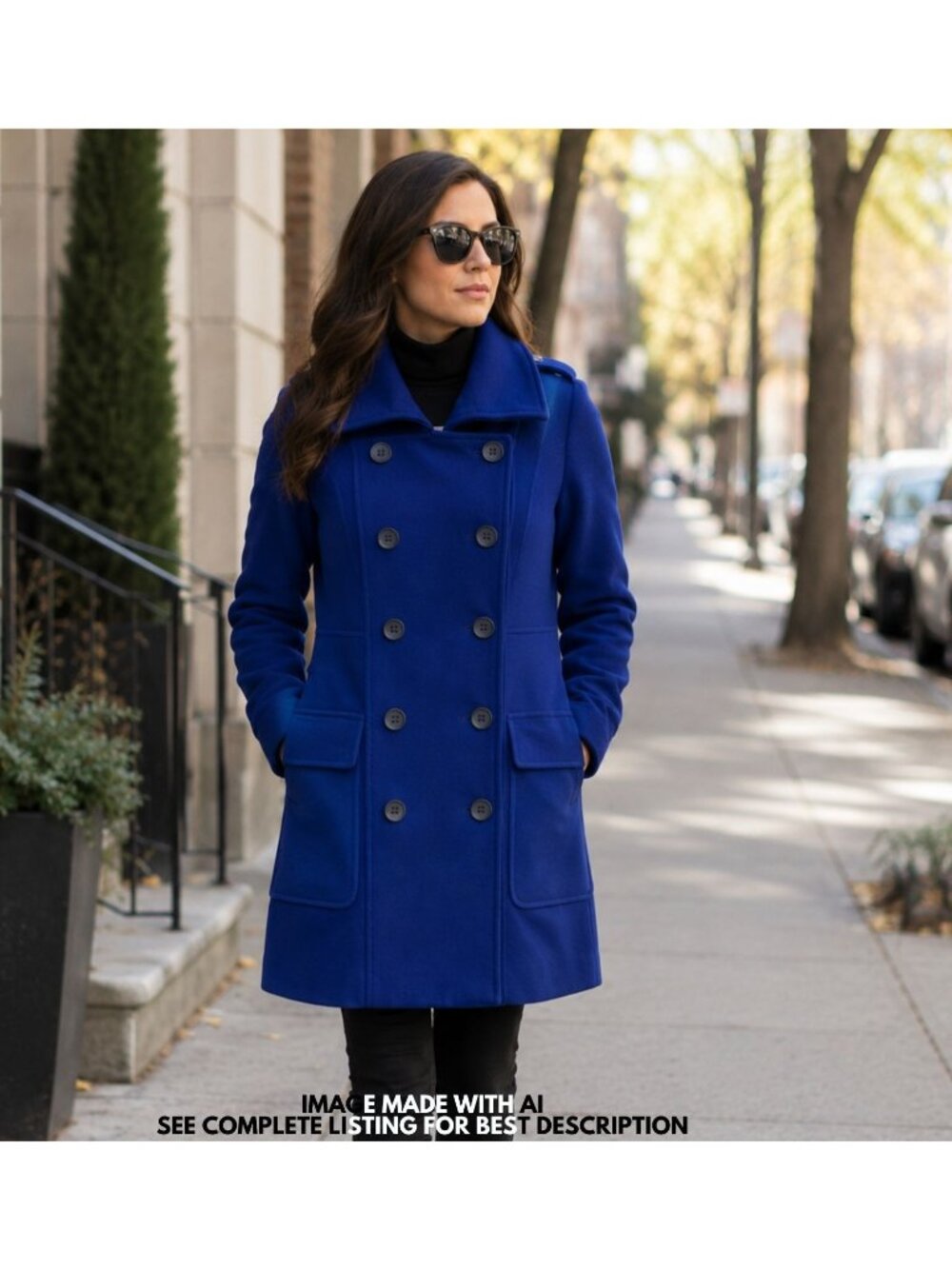 Royal Blue Wool Blend Peacoat 8 Coat Jacket Zipper Pockets Minimalist Preppy